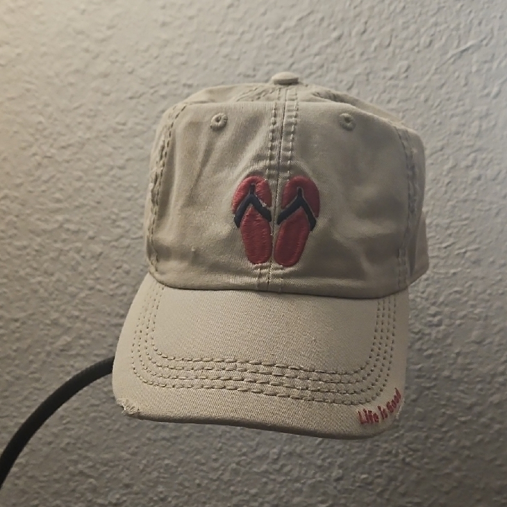 Life Is Good Beige Cap with Pink Flip Flops